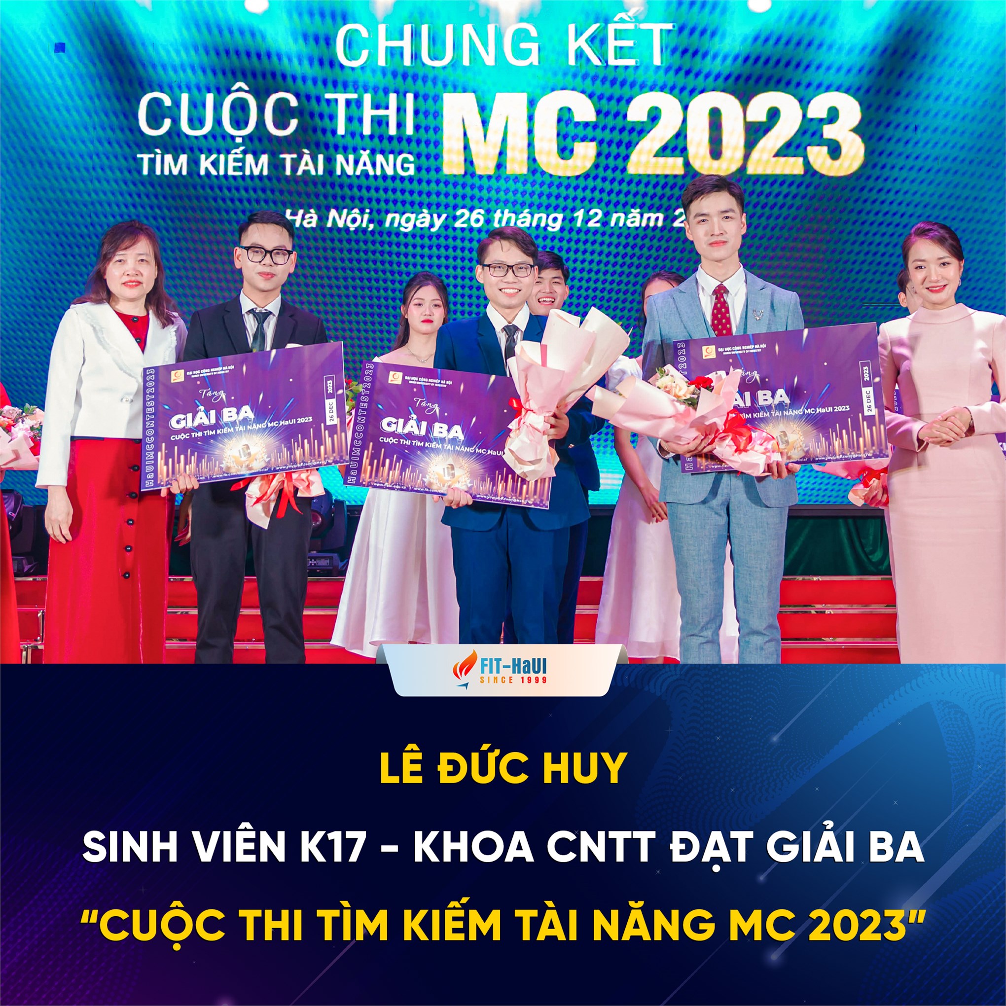Lê Đức Huy - Sinh viên K17 khoa CNTT đạt giải ba cuộc thi `Tìm kiếm Tài năng MC 2023”.