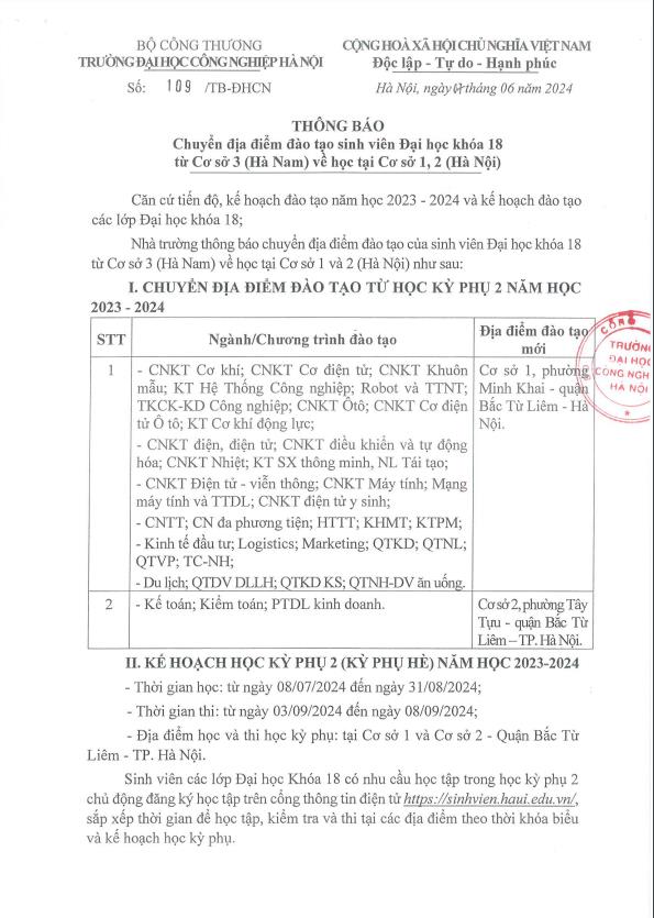 Thông báo Vv chuyển địa điểm đào tạo Sinh viên Đại học Khóa 18 từ Cơ sở Hà Nam về các Cơ sở Hà Nội