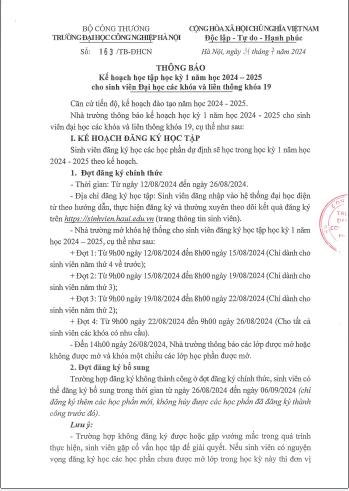 Thông báo Kế hoạch học tập học kỳ 1 năm học 2024-2025 cho Sinh viên Đại học các khóa