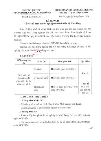 Kế hoạch tổ chức thi tốt nghiệp cho sinh viên hệ Cao đẳng