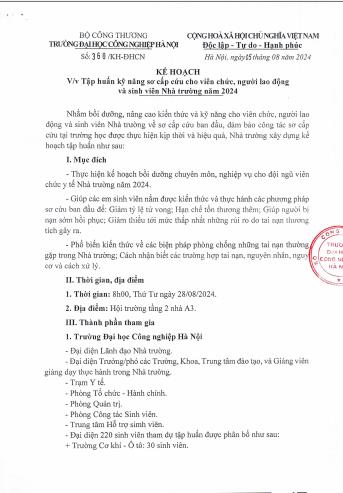 Kế hoạch tập huấn kỹ năng sơ cấp cứu cho viên chức, người lao động và sinh viên Nhà trường năm 2024