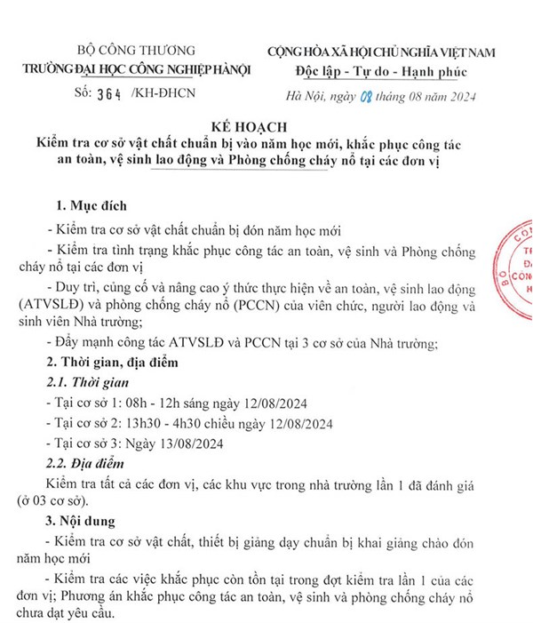 Kế hoạch Kiểm tra cơ sở vật chất chuẩn bị vào năm học mới; Khắc phục công tác an toàn, vệ sinh lao động và Phòng chống cháy nổ