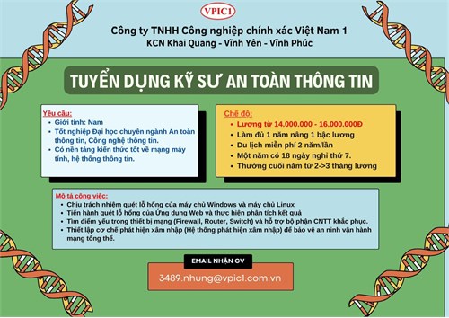 KCN Khai Quang-Vĩnh Yên-Vĩnh Phúc tuyển dụng Kỹ sư IT