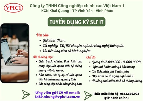 KCN Khai Quang-Vĩnh Yên-Vĩnh Phúc tuyển dụng Kỹ sư IT