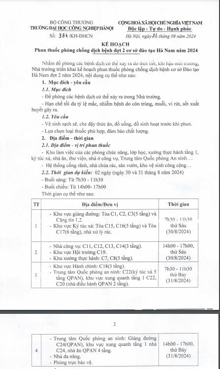 Kế hoạch Phun thuốc đợt 2 cơ sở Hà Nội và Hà Nam và Bộ thẻ kỹ năng sơ cấp cứu năm 2024