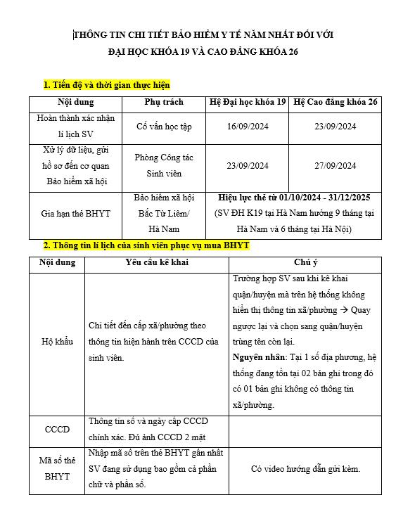 Thông tin chi tiết Bảo hiểm y tế năm nhất đối với Đại học Khóa 19 và Cao đẳng Khóa 26