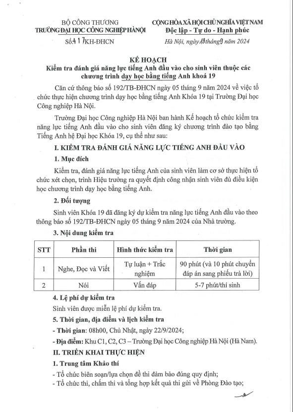 Kế hoạch kiểm tra đánh giá năng lực tiếng Anh đầu vào cho sinh viên thuộc các chương trình dạy học bằng tiếng Anh khoá 19