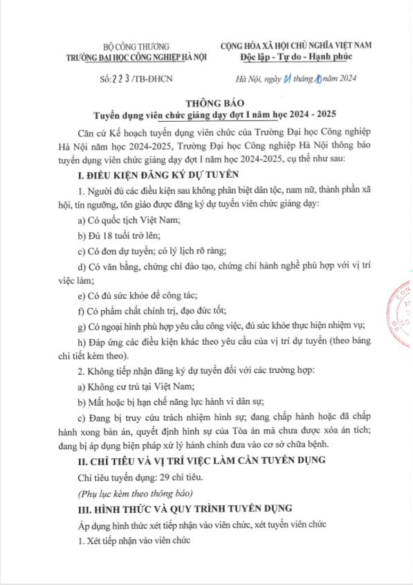 Đại học Công nghiệp Hà Nội thông báo tuyển dụng viên chức giảng dạy đợt I năm 2024-2025.