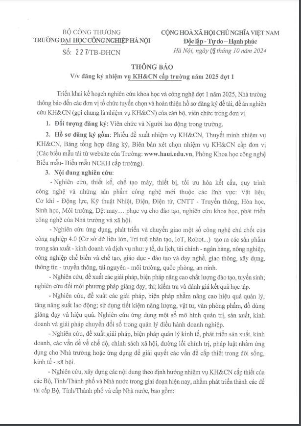 Thông báo về việc đăng ký nhiệm vụ KH&CN cấp trường năm 2025 - Đợt 1