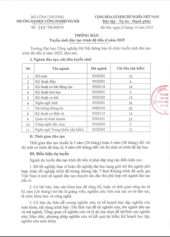 Thông báo tuyển sinh đào tạo trình độ tiến sĩ Hệ thống thông tin năm 2025