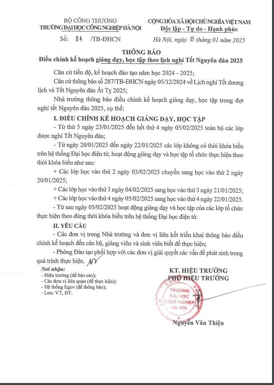 Thông báo Điều chỉnh kế hoạch giảng dạy, học tập theo lịch nghỉ Tết Nguyên đán 2025