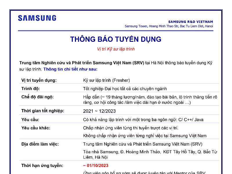 Trung tâm Nghiên cứu và Phát triển Samsung Việt Nam (SRV) tại Hà Nội thông báo tuyển dụng Kỹ sư lập trình