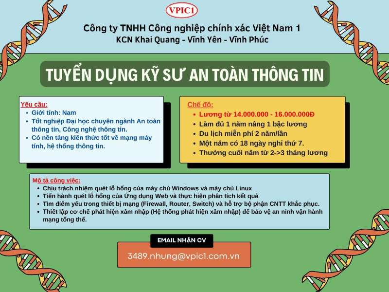 KCN Khai Quang-Vĩnh Yên-Vĩnh Phúc tuyển dụng Kỹ sư IT